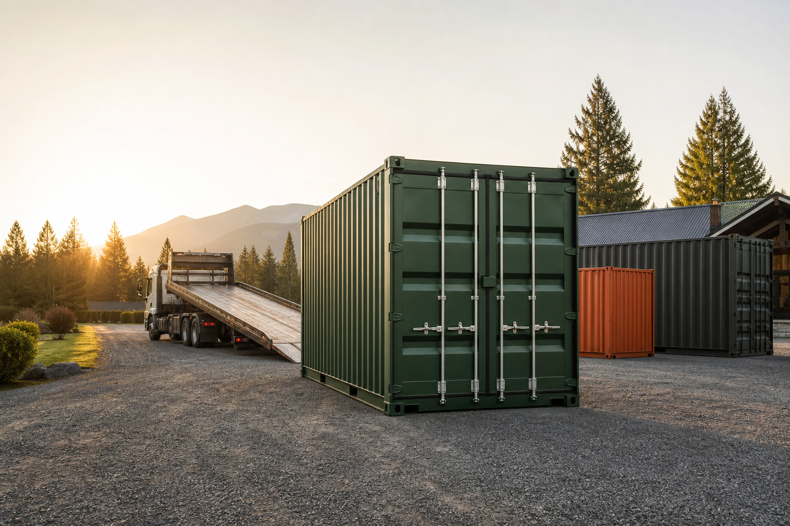 Shipping containers and a tilt-deck truck at a Canadian delivery site